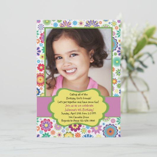 花の熱狂的な写真の誕生日パーティーの招待 招待状 (スタンド正面)