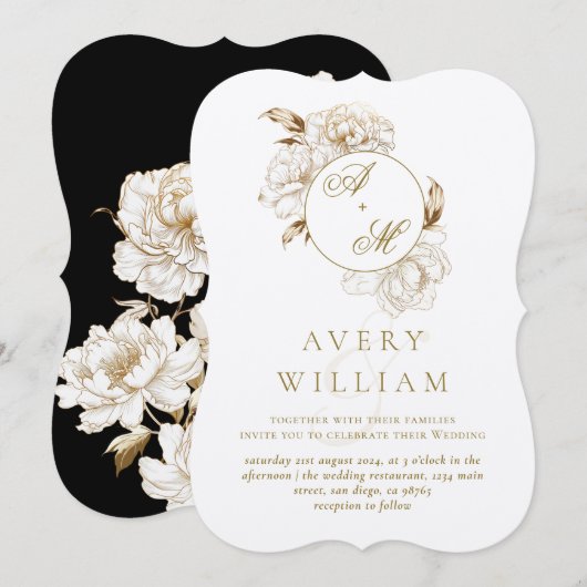 花の牡丹 白金 モノグラム ウェディング 招待状 (正面/裏面)