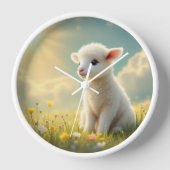 花の牧草地の可愛い小さな復活祭の子羊の子供部屋 壁時計 (正面)