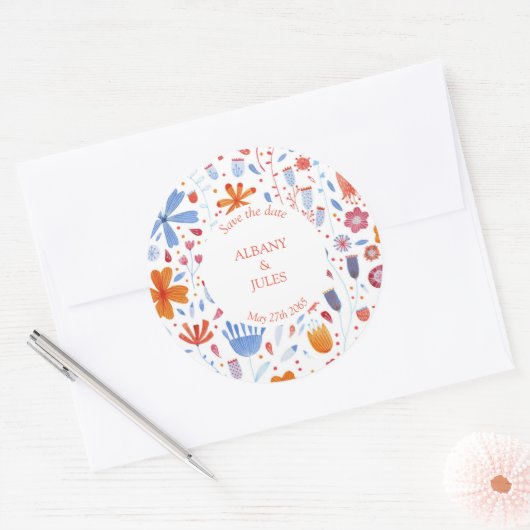 花の牧草地の水の色の保存日付 ラウンドシール (封筒)