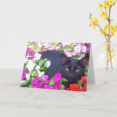 花の猫が付いている空白のな挨拶状 カード (黄色い花)
