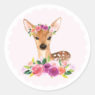 花の王冠のステッカーを持つ水彩画の子鹿 ラウンドシール
