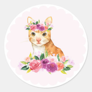 花の王冠のステッカーを持つ水彩画の虎猫猫 ラウンドシール