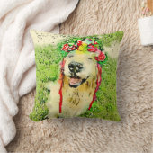 花の王冠の水彩画を持つゴールデン・リトリーバー犬 クッション (ブランケット)