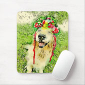 花の王冠の水彩画を持つゴールデン・リトリーバー犬 マウスパッド (マウス)