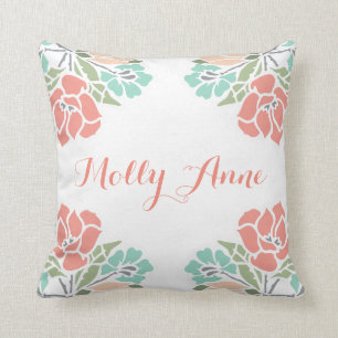 花の珊瑚およびティール(緑がかった色)の女の赤ちゃんの子供部屋 クッション