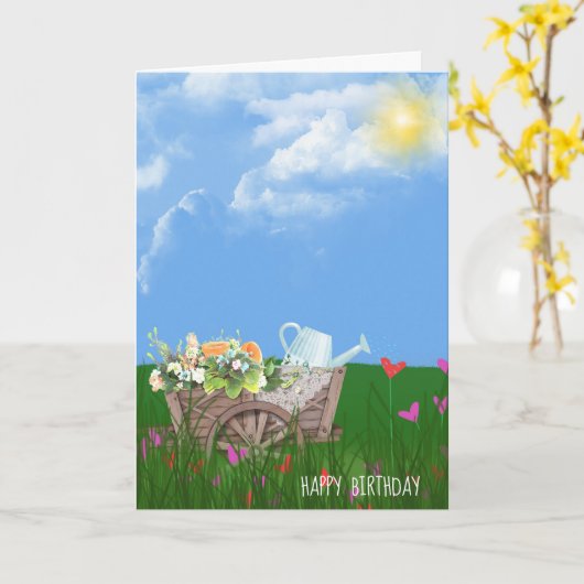 花の生まれた古い手押し車 カード (黄色い花)
