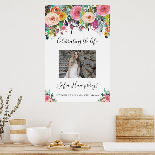 花の生命のお祝いのウェルカムサイン、写真 ポスター (キッチン)