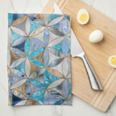 花の生活パターン – 青いビー玉と真珠 キッチンタオル (四つ折り)