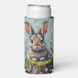 花の畑でふわふわしたウサギ スリム缶クーラー
