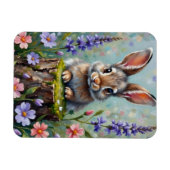 花の畑でふわふわしたウサギ マグネット (横)