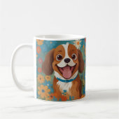 花の畑で幸せな犬がマグカップ コーヒーマグカップ (左)
