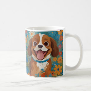 花の畑で幸せな犬がマグカップ コーヒーマグカップ