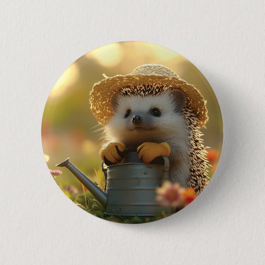 花の畑で愛らしいハリネズミの庭師 缶バッジ (正面)
