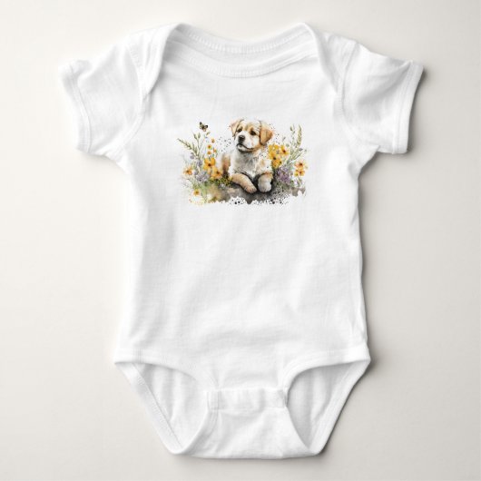 花の畑で美しいワンちゃん ベビーボディスーツ (正面)