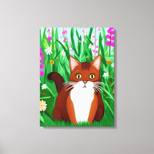 花の畑に咲くリトルジンジャーブラウン子猫 キャンバスプリント (正面)