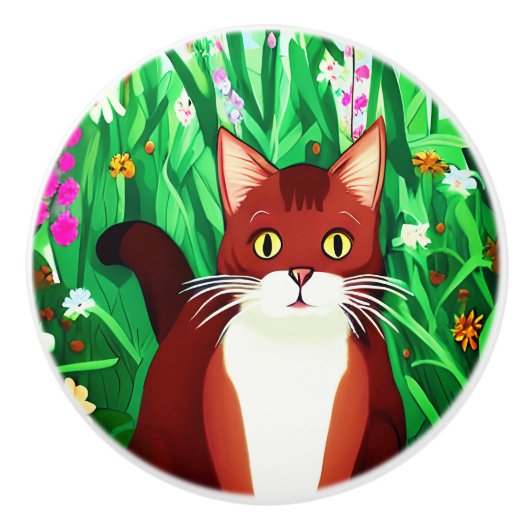 花の畑に咲くリトルジンジャーブラウン子猫 セラミックノブ (正面)