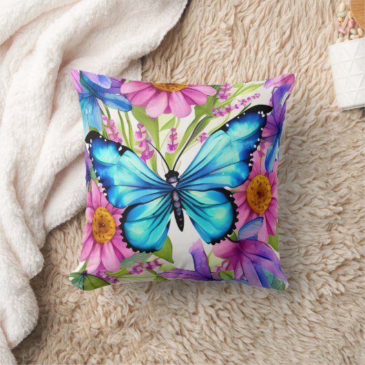 花の畑に咲く青い蝶 クッション (ブランケット)