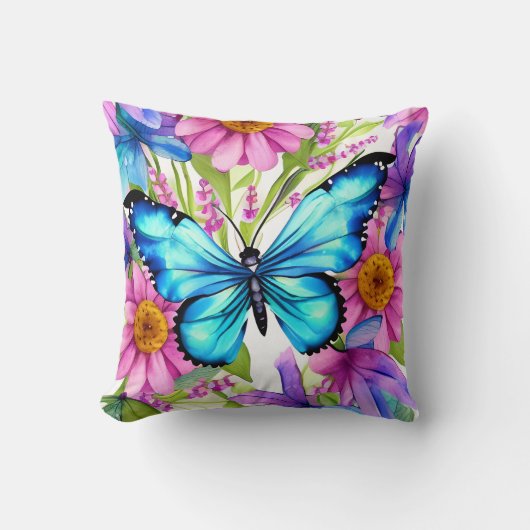 花の畑に咲く青い蝶 クッション (正面)