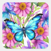 花の畑に咲く青い蝶 スクエアシール (正面)