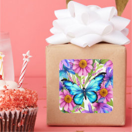 花の畑に咲く青い蝶 スクエアシール