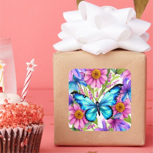 花の畑に咲く青い蝶 スクエアシール (パーティー)