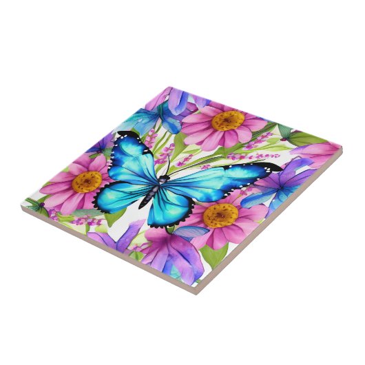 花の畑に咲く青い蝶 タイル (側面)