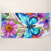 花の畑に咲く青い蝶 ビーチタオル (正面)