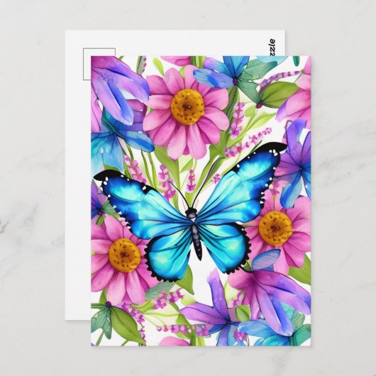 花の畑に咲く青い蝶 ポストカード (正面/裏面)