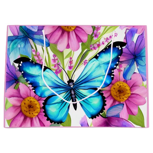 花の畑に咲く青い蝶 ラージペーパーバッグ (正面)