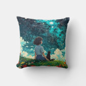 花の畑に女の子と猫が座る クッション (正面)