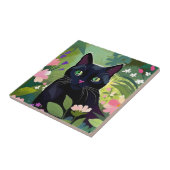 花の畑に座る黒猫 タイル (側面)