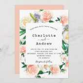 花の白いバラの金ゴールドピンク結婚ズ 招待状 (正面/裏面)