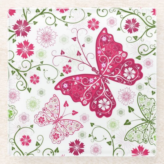 花の白いパターン ガラスコースター (正面)