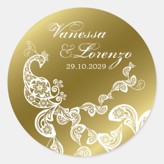 花の白い孔雀のBohoのエレガントな結婚式のステッカー ラウンドシール (正面)