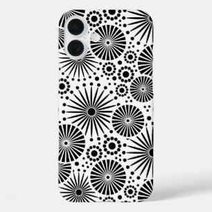 花の白黒ベクトル花パターン iPhone 16 PLUSケース
