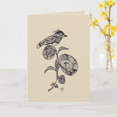 花の白黒挨拶状の鳥 カード (黄色い花)