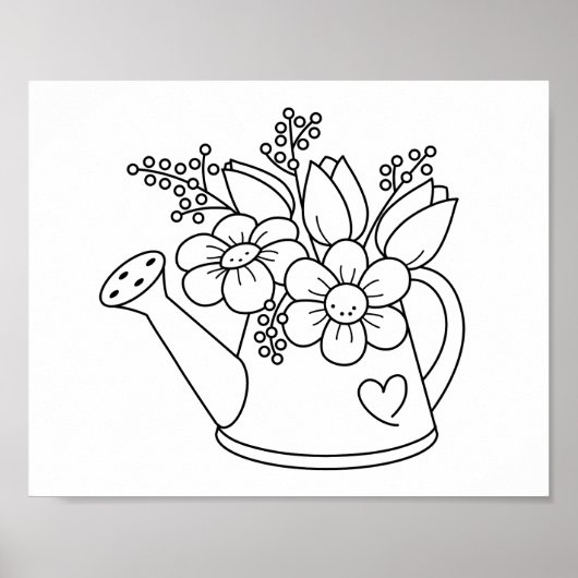 花の着色ページ付き庭散水缶 ポスター (正面)