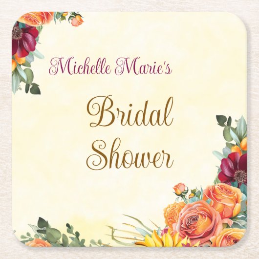 花の秋のブライダルシャワーワインコースター スクエアペーパーコースター (正面)