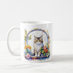 花の窓のかわいい猫 コーヒーマグカップ