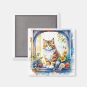 花の窓の子ネコパーソナライズされた マグネット (正面/裏面)
