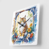 花の窓の子ネコ スクエア壁時計 (傾斜)