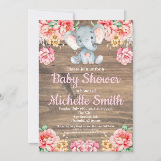 花の素朴なピンクの女の子木製象のベビーシャワー 招待状 (正面)