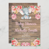 花の素朴なピンクの女の子木製象のベビーシャワー 招待状 (正面/裏面)