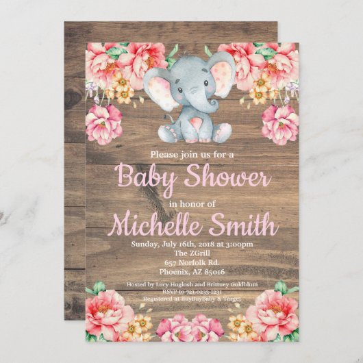 花の素朴なピンクの女の子木製象のベビーシャワー 招待状 (正面/裏面)