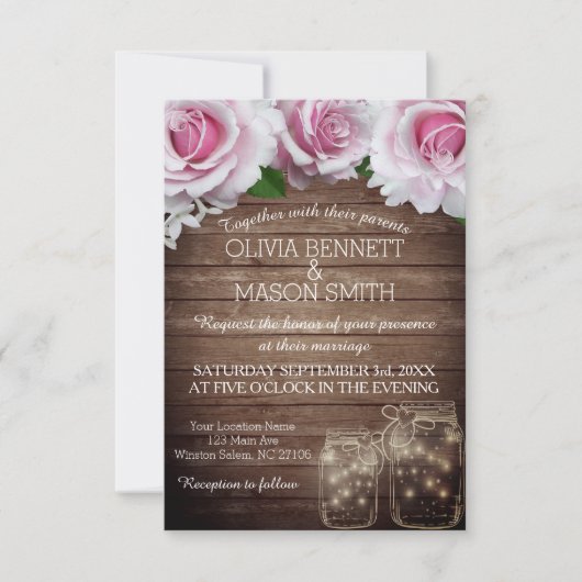 花の素朴なメーソンジャーは結婚式招待状をつけます 招待状 (正面)