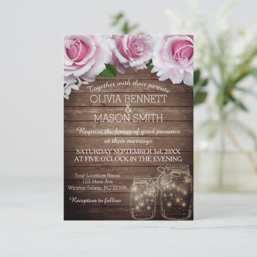 花の素朴なメーソンジャーは結婚式招待状をつけます 招待状 (スタンド正面)