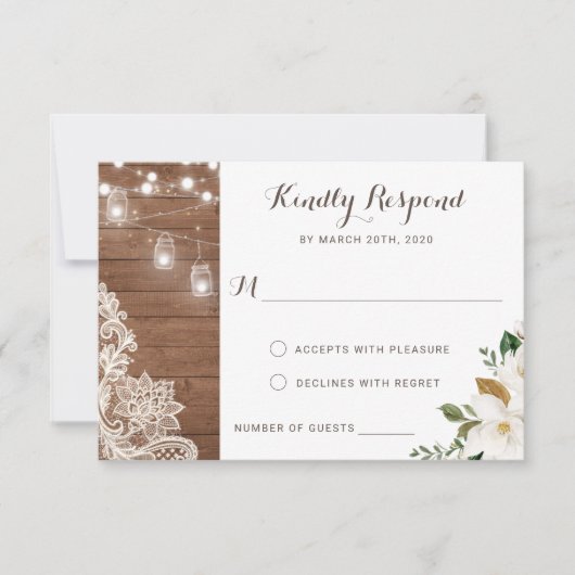 花の素朴な木製のひもはマグノリアRSVPをつけます 招待状 (正面)