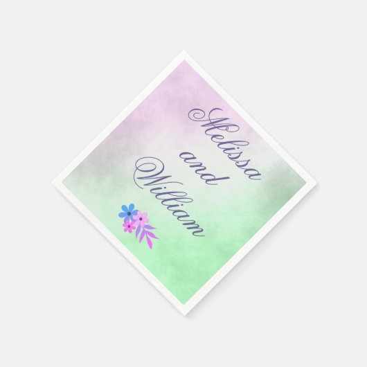 花の紫と緑の結婚羊毛 スタンダードカクテルナプキン (角)