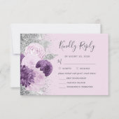 花の紫と銀のラベンダー色の結婚式の食事選択の返信カード 出欠カード (正面)